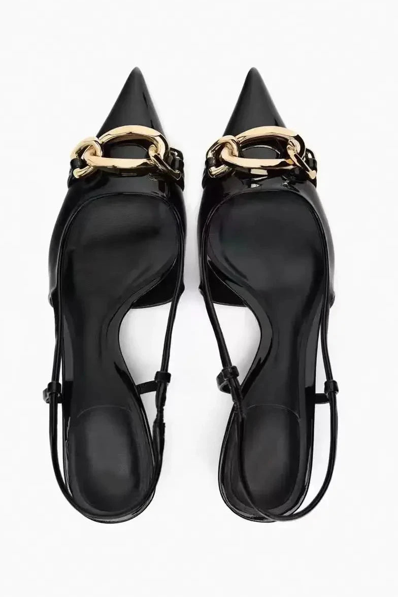 Alessia Chain Detail Slingback Kitten Heels with Pointed Toe