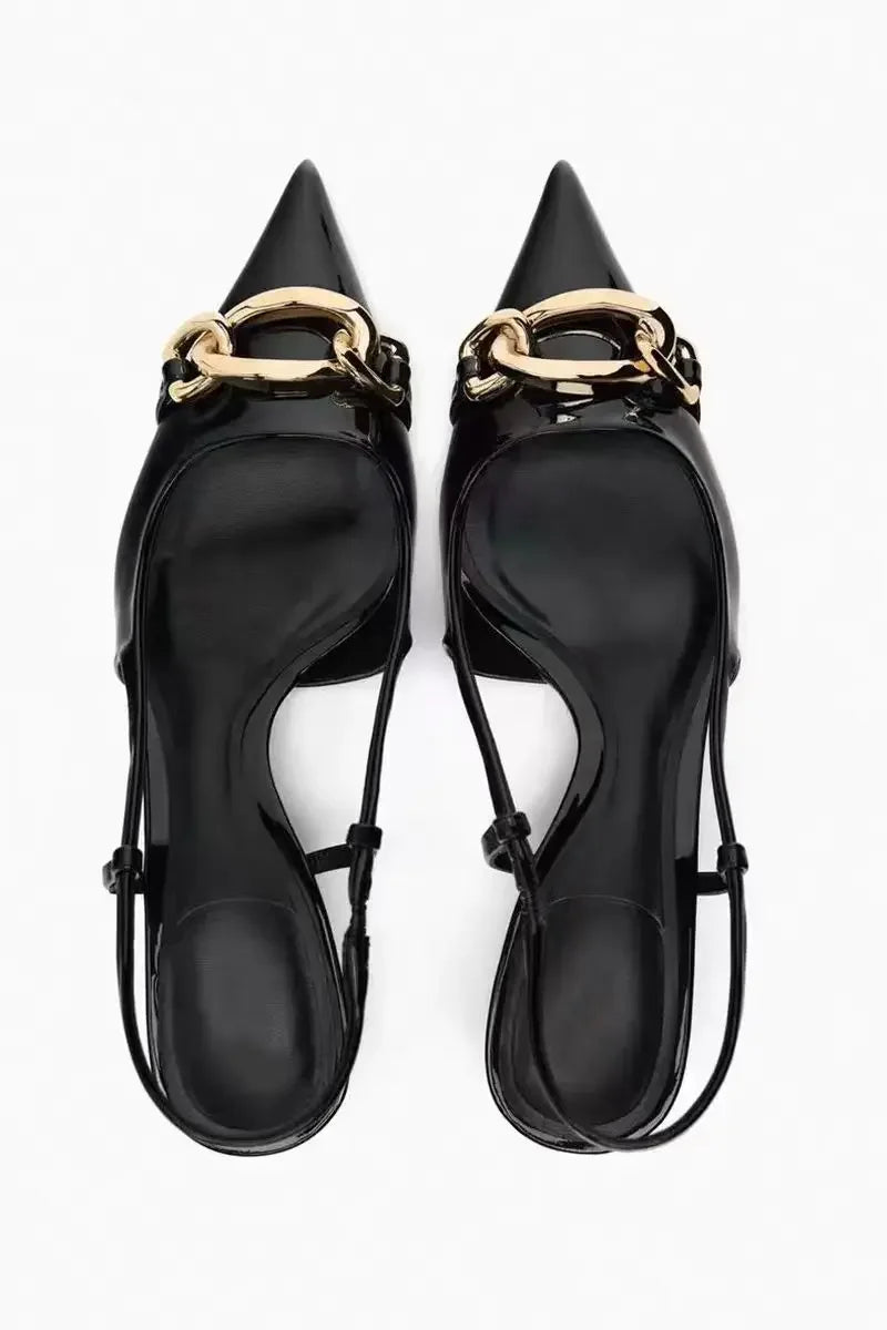Alessia Chain Detail Slingback Kitten Heels with Pointed Toe