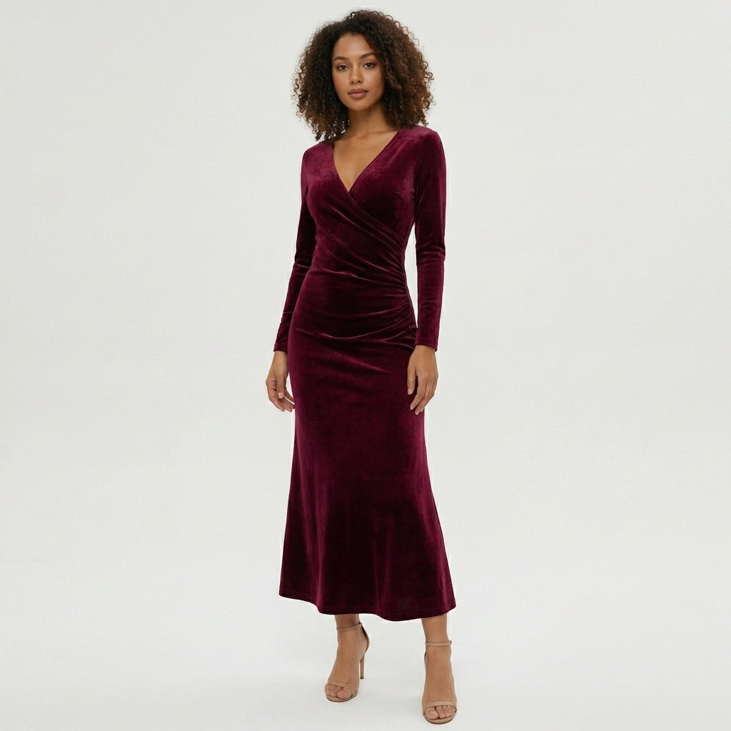 Aviana Velvet Wrap Midi Dress with V-Neck for Women - Claret Red