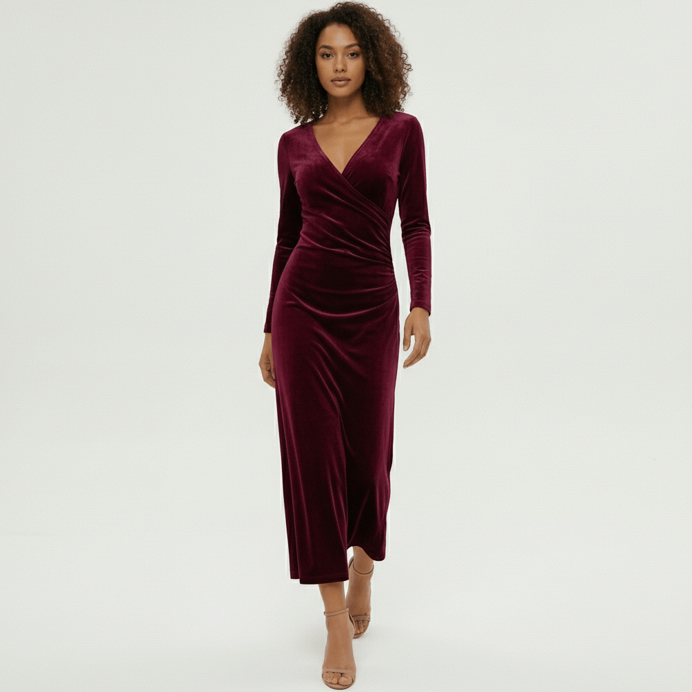 Aviana Velvet Wrap Midi Dress with V-Neck for Women