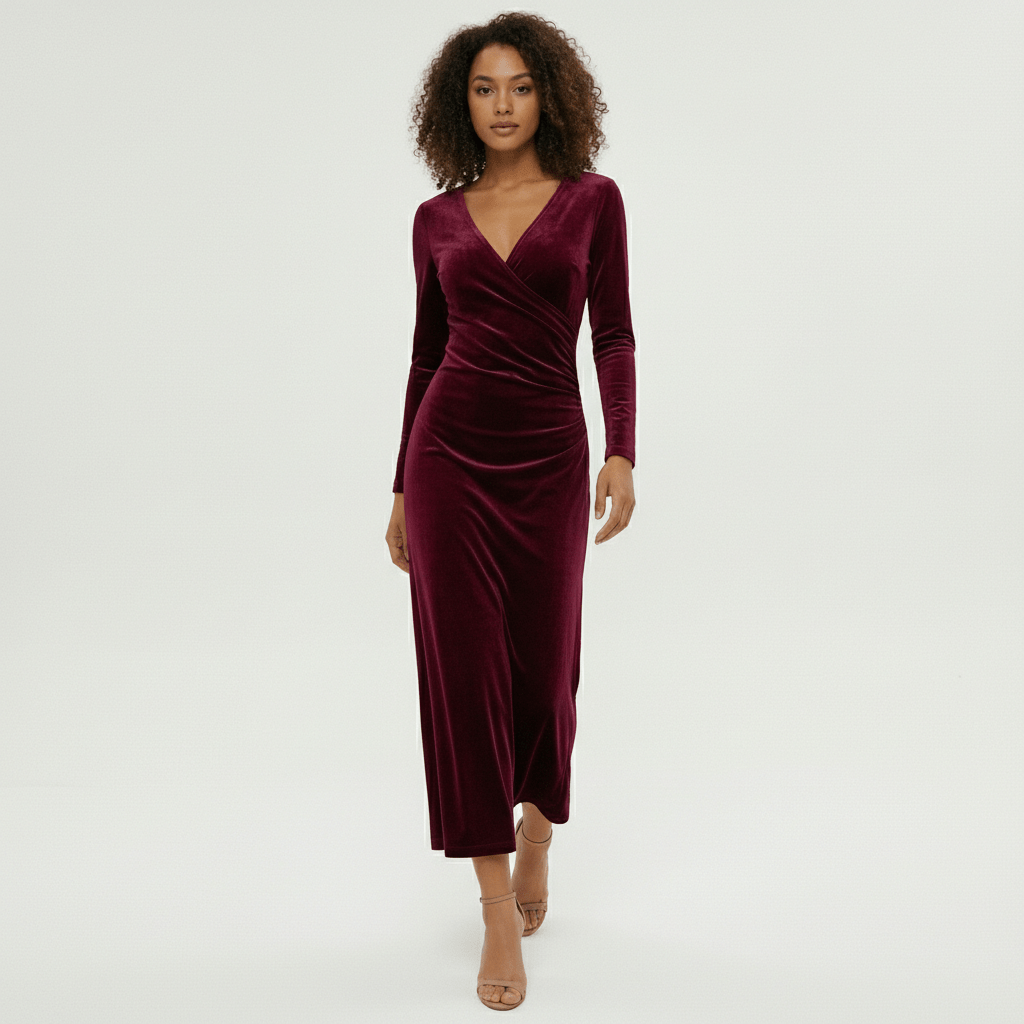 Aviana Velvet Wrap Midi Dress with V-Neck for Women