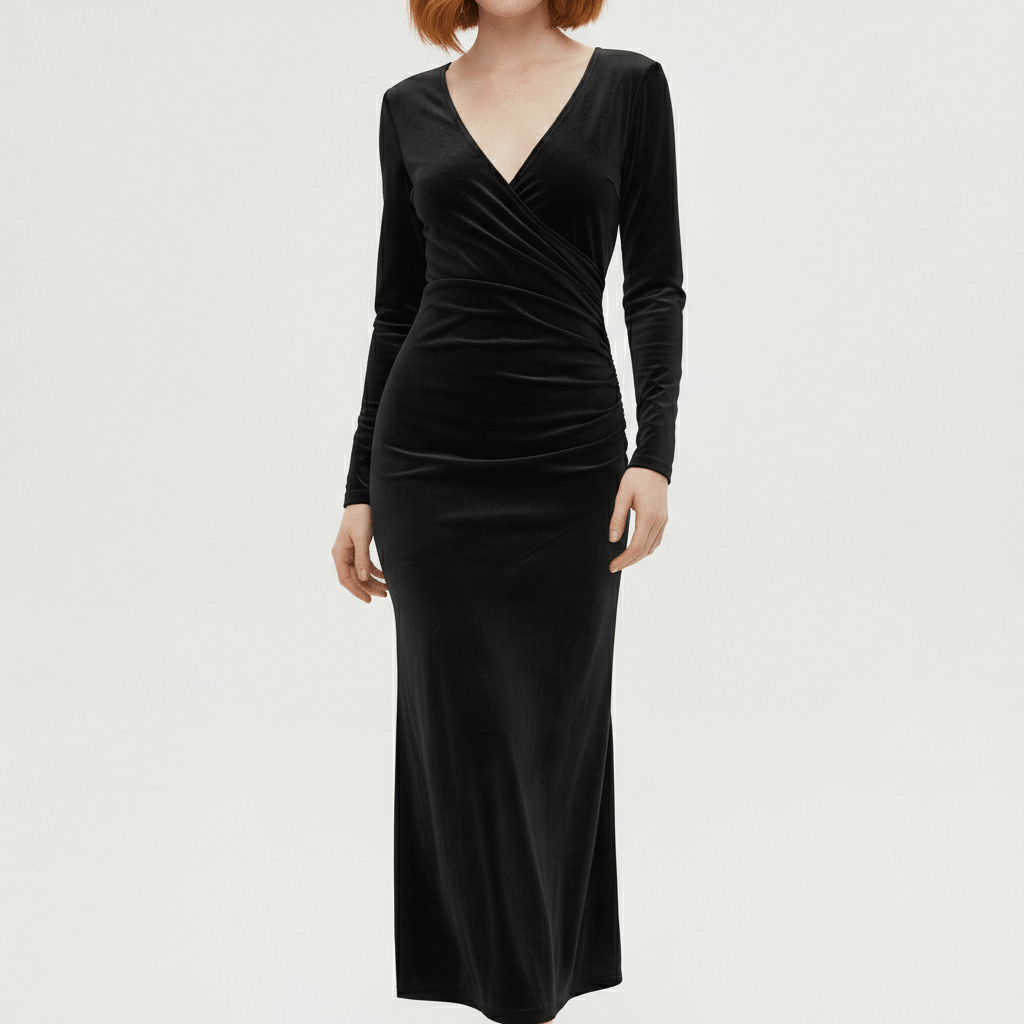 Aviana Velvet Wrap Midi Dress with V-Neck for Women - Midnight Black