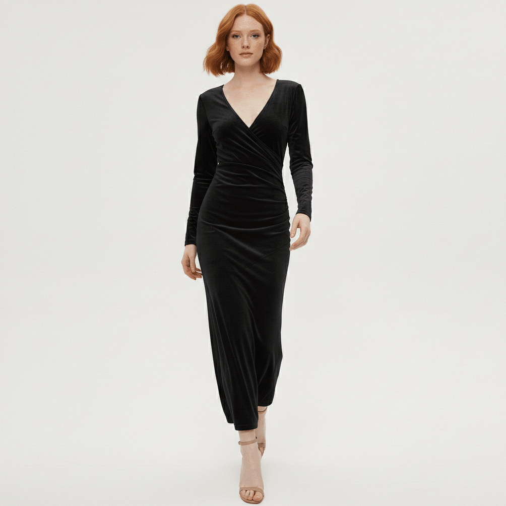Aviana Velvet Wrap Midi Dress with V-Neck for Women