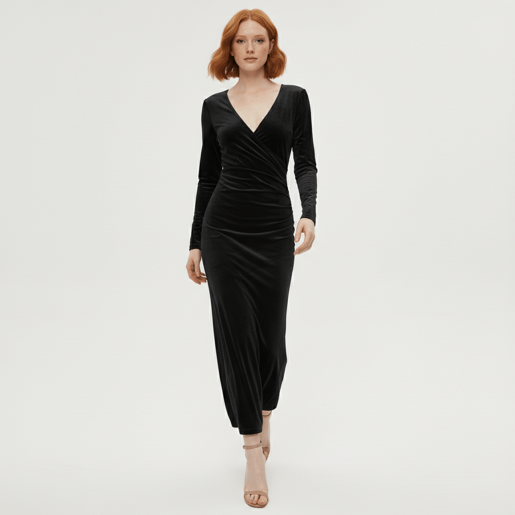 Aviana Velvet Wrap Midi Dress with V-Neck for Women