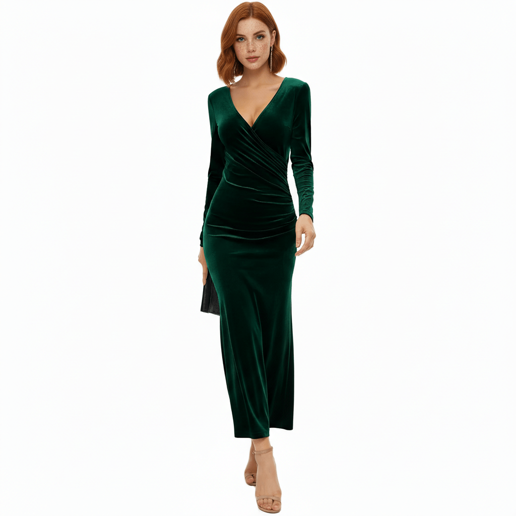 Aviana Velvet Wrap Midi Dress with V-Neck for Women - Emerald Green