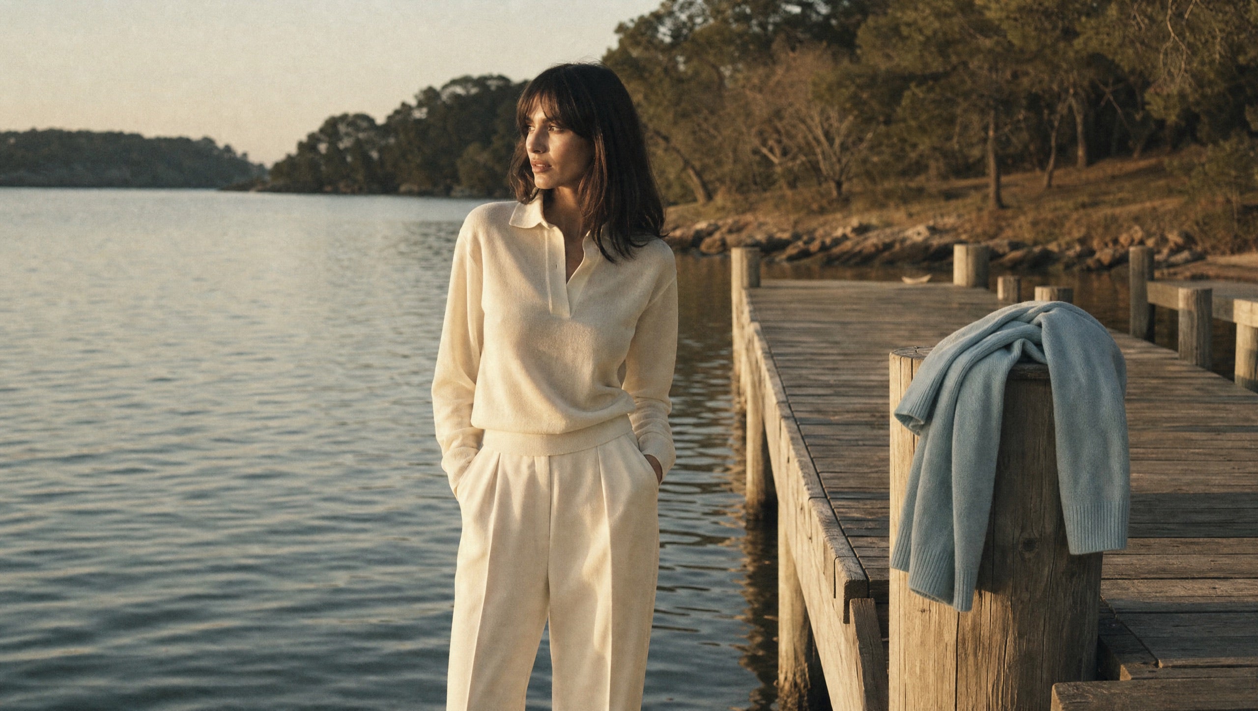 Azurelle editorial hero image, woman in cream knit on a waterfront dock at golden hour