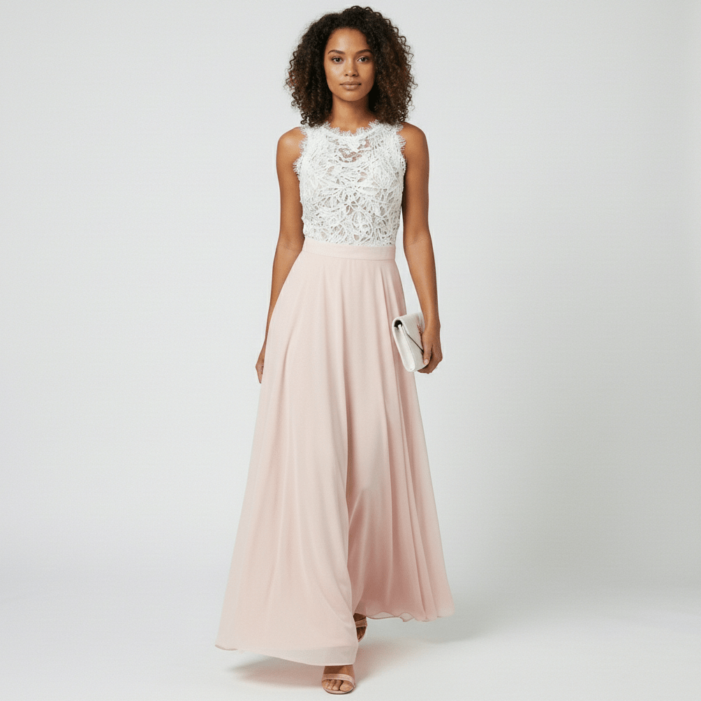 Beatrice Sleeveless Lace Bodice Maxi Dress with Round Neck - Blush Pink