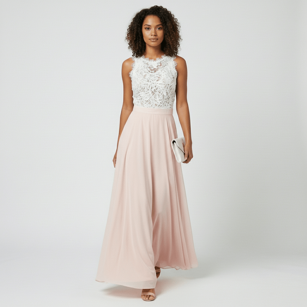 Beatrice Sleeveless Lace Bodice Maxi Dress with Round Neck - Blush Pink