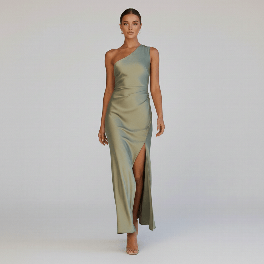 Bridget One Shoulder Green Maxi Dress with Side Split
