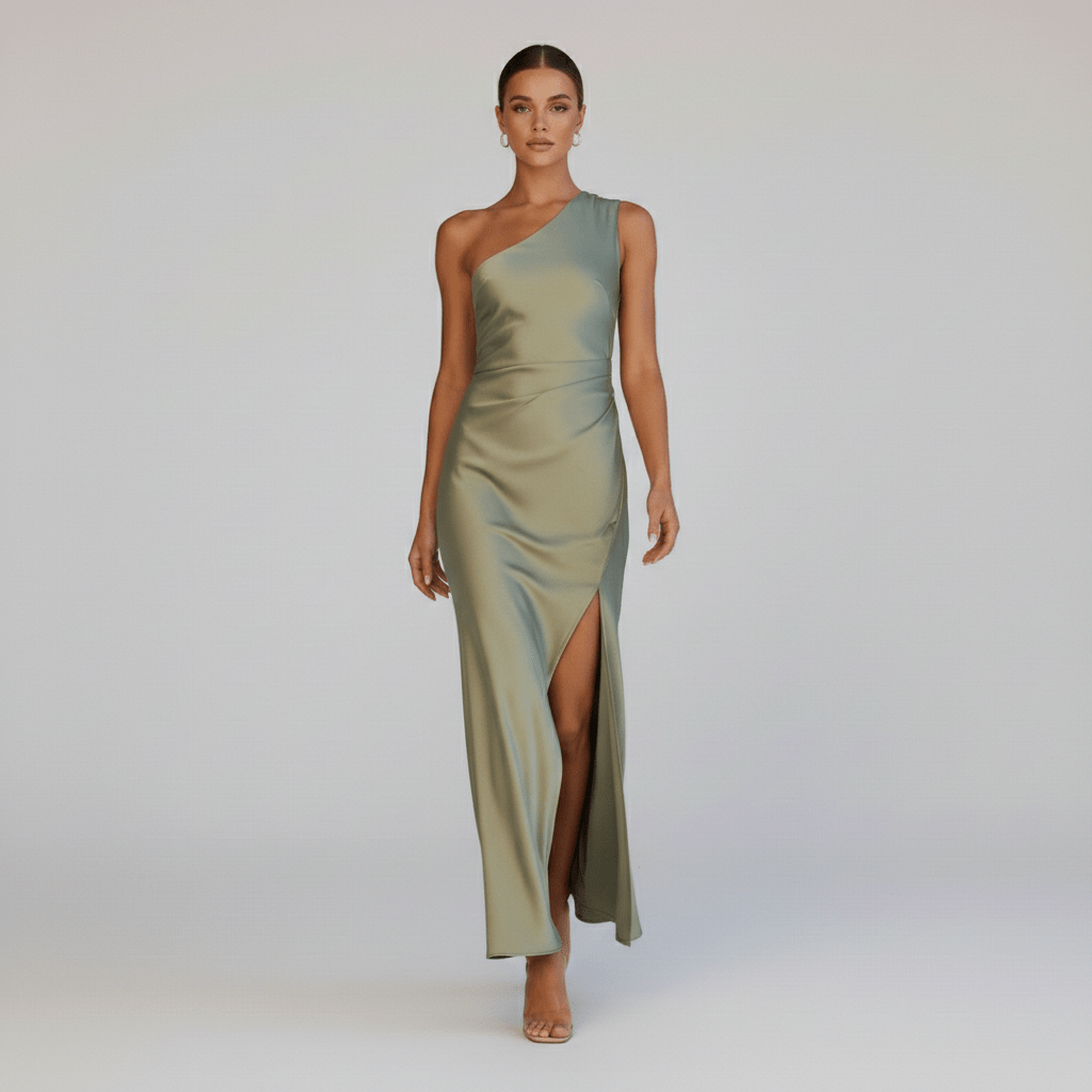Bridget One Shoulder Green Maxi Dress with Side Split