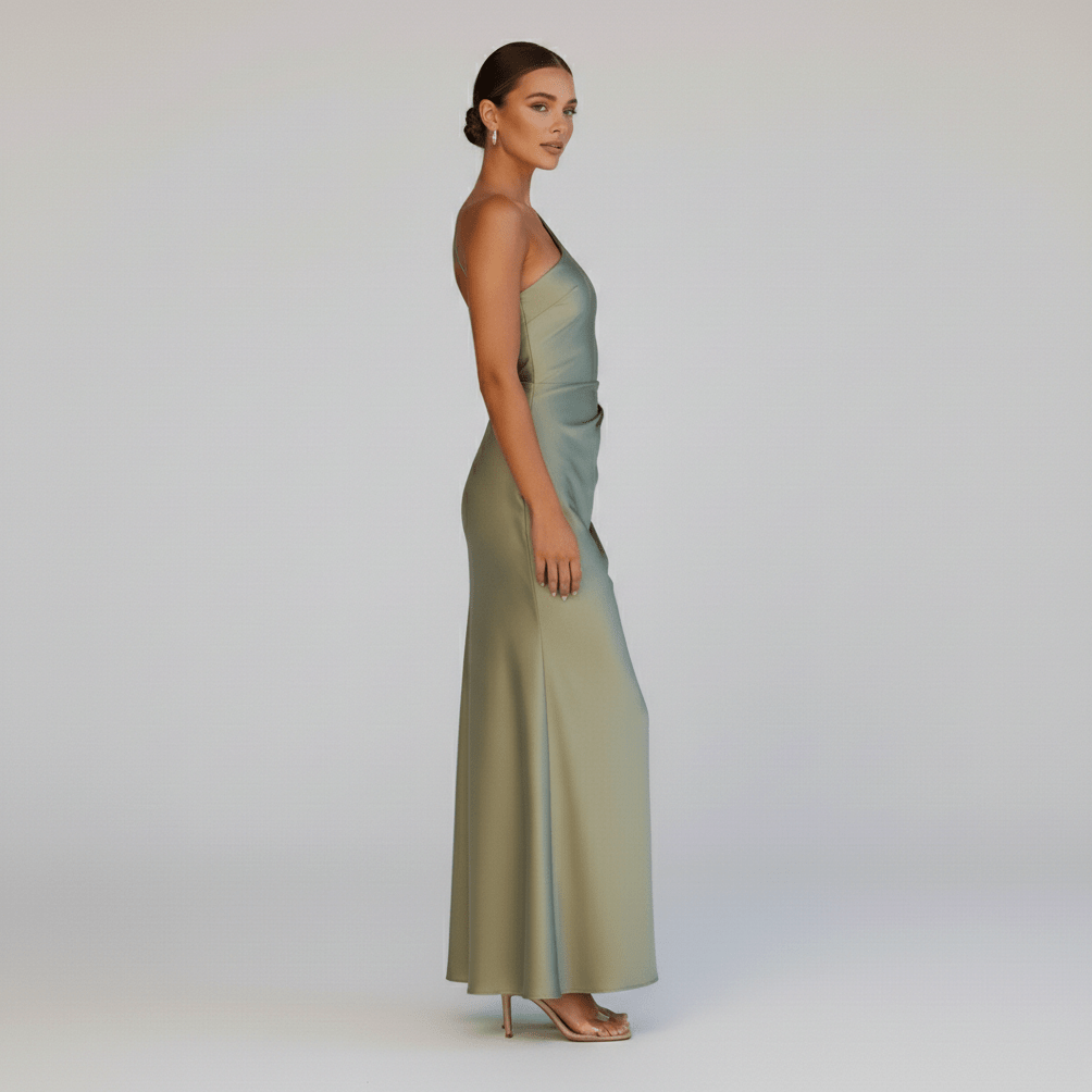Bridget One Shoulder Green Maxi Dress with Side Split