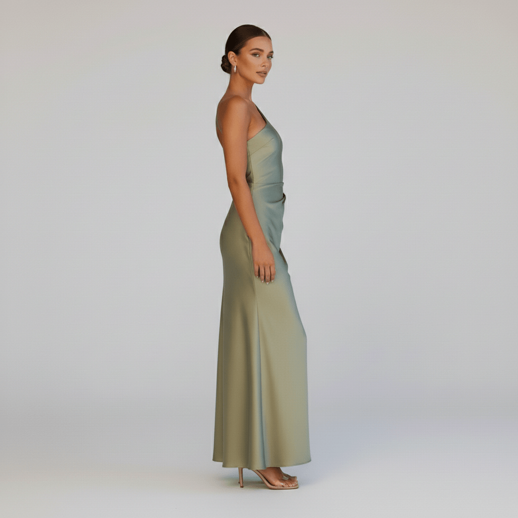 Bridget One Shoulder Green Maxi Dress with Side Split