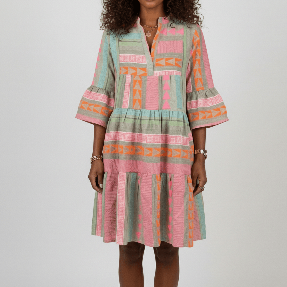 Briella Tiered Midi Dress with Geometric Print and 3/4 Sleeves - Vibrant Multicolor