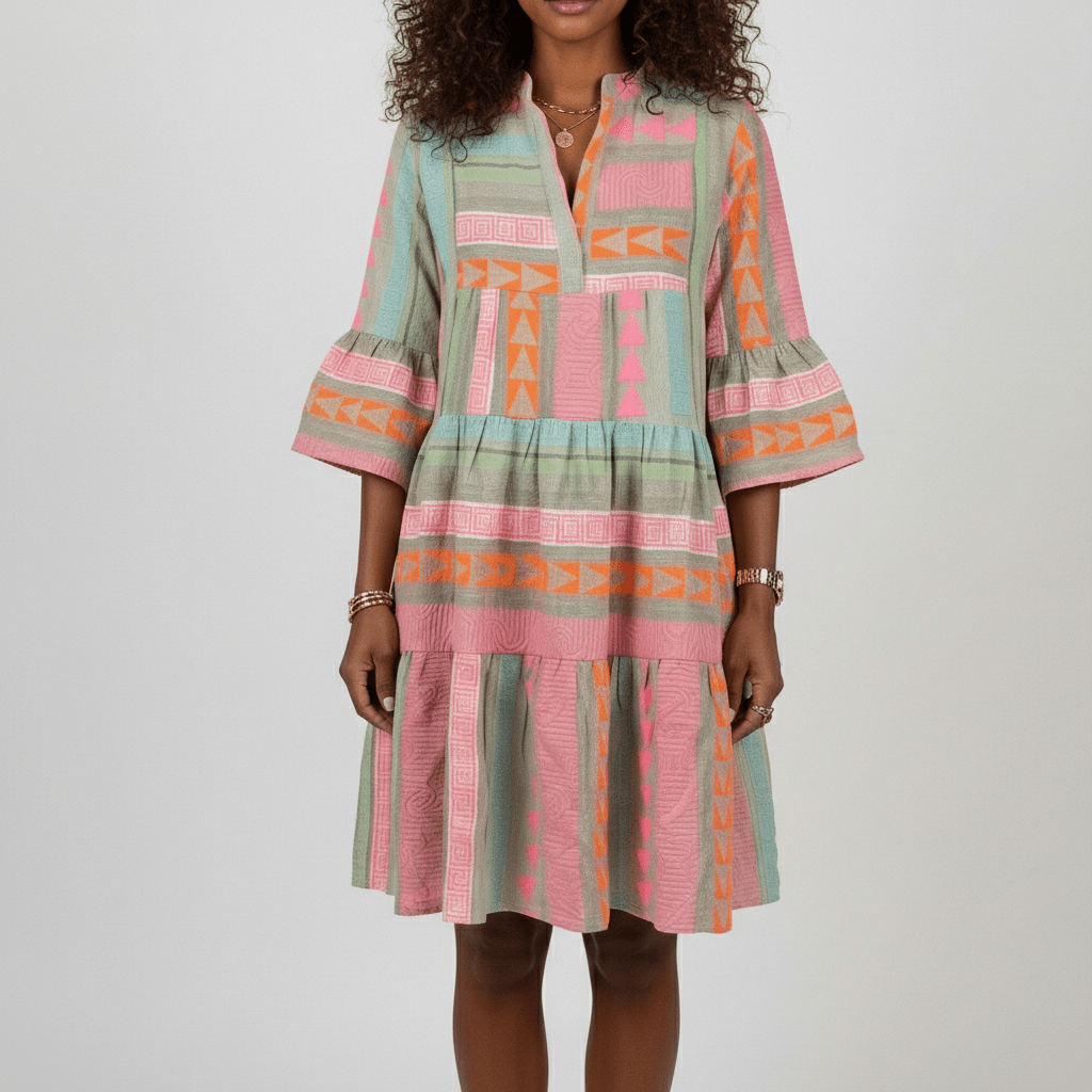 Briella Tiered Midi Dress with Geometric Print and 3/4 Sleeves - Vibrant Multicolor