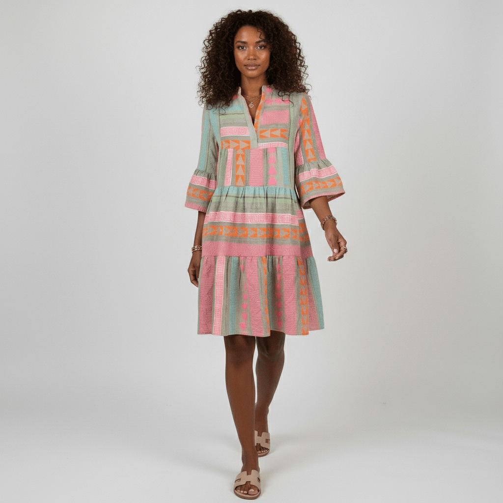 Briella Tiered Midi Dress with Geometric Print and 3/4 Sleeves