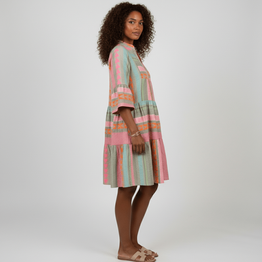 Briella Tiered Midi Dress with Geometric Print and 3/4 Sleeves