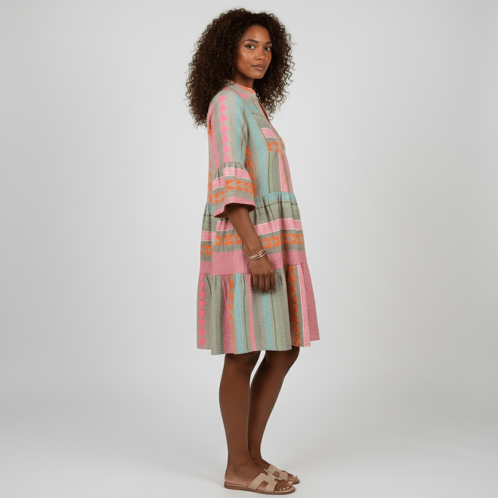 Briella Tiered Midi Dress with Geometric Print and 3/4 Sleeves