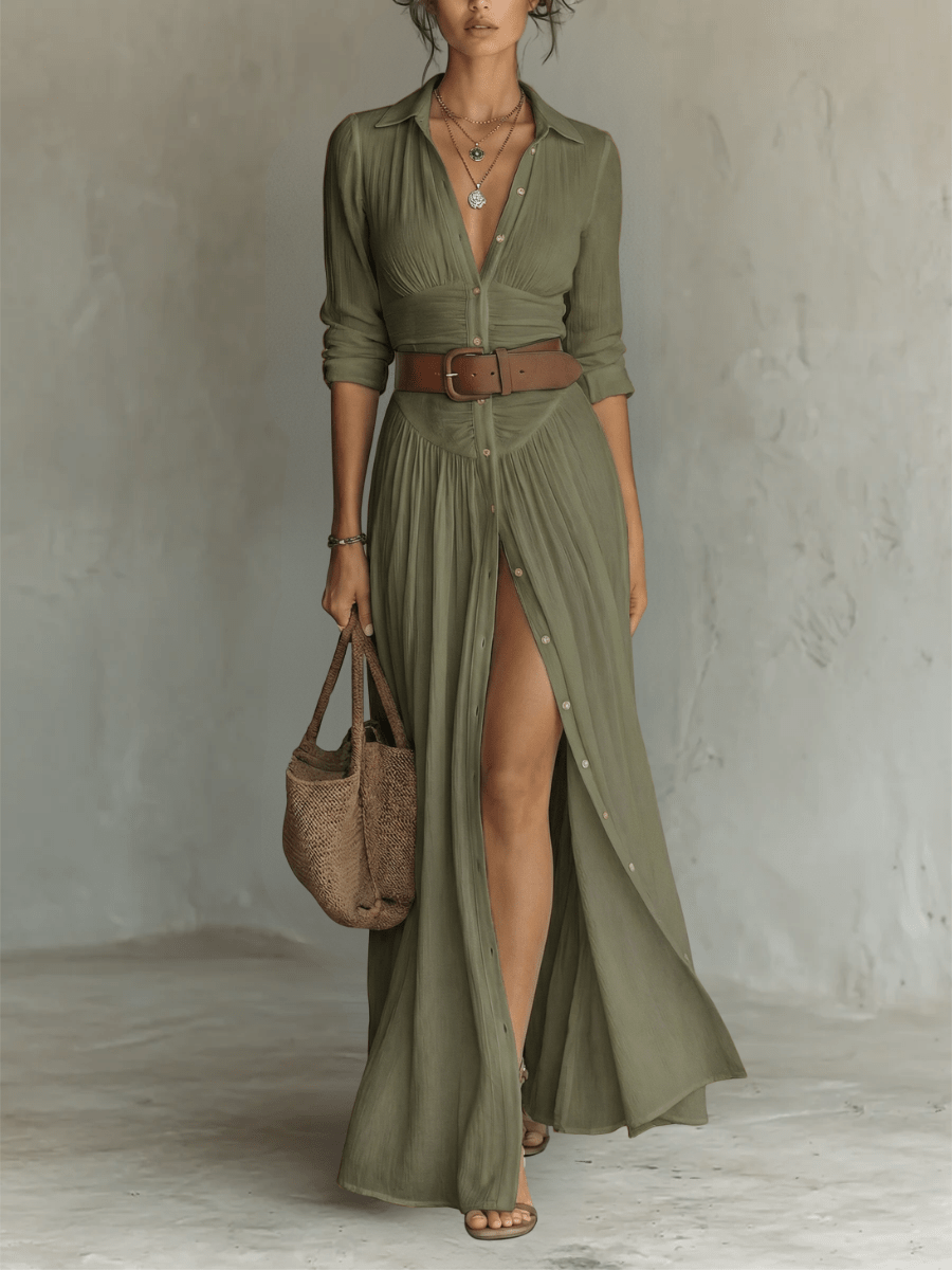 Brynlee Long Sleeve Button Through Maxi Shirt Dress for Women - Olive Green