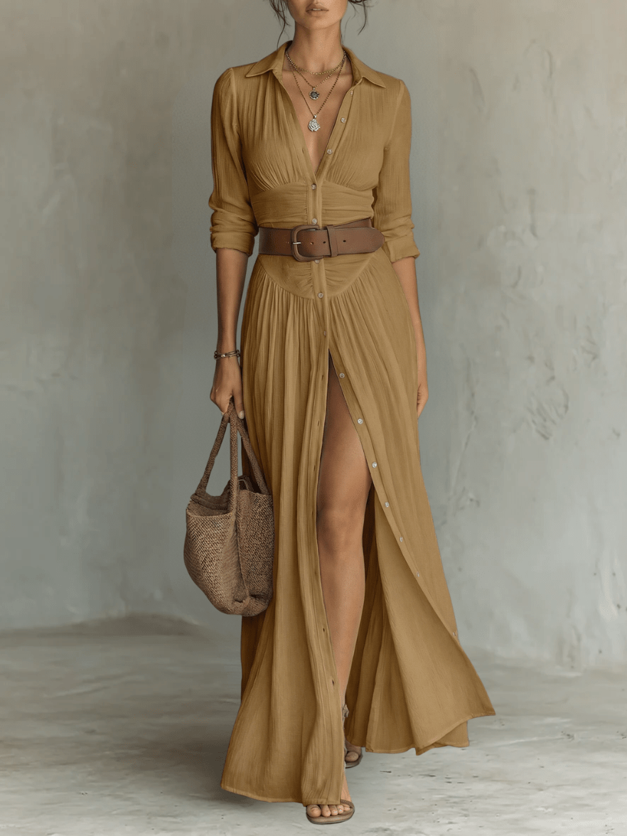 Brynlee Long Sleeve Button Through Maxi Shirt Dress for Women - Sand Brown