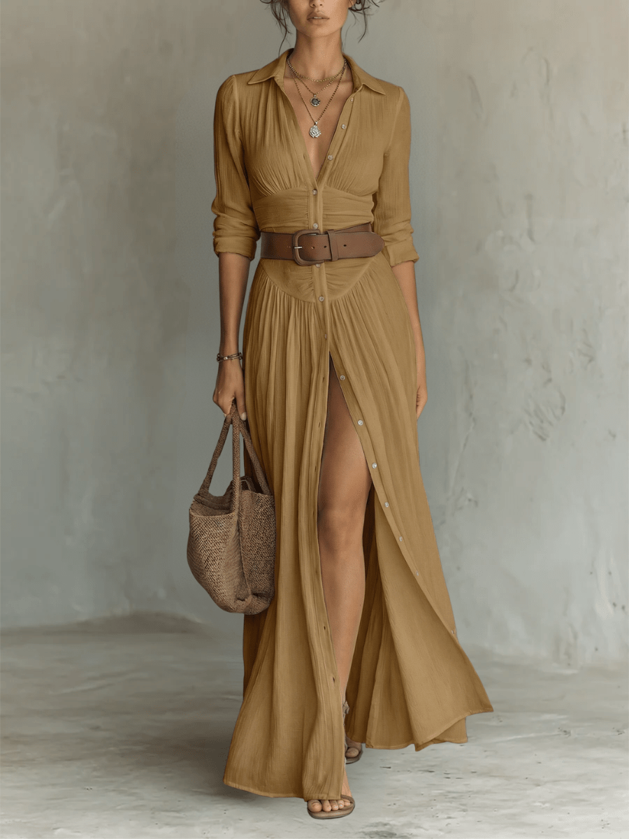 Brynlee Long Sleeve Button Through Maxi Shirt Dress for Women - Sand Brown