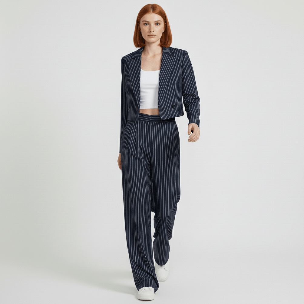 Callie Cropped Blazer and Wide Leg Pants Pinstripe Two-Piece Set - Classic Navy