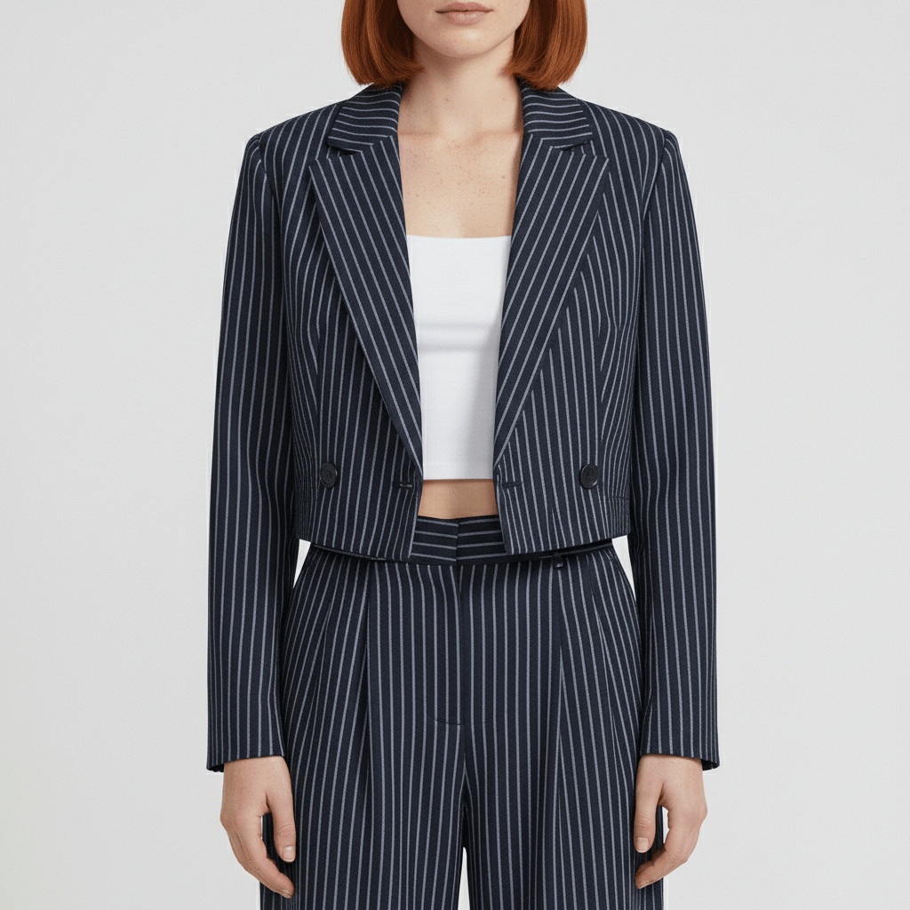 Callie Cropped Blazer and Wide Leg Pants Pinstripe Two-Piece Set