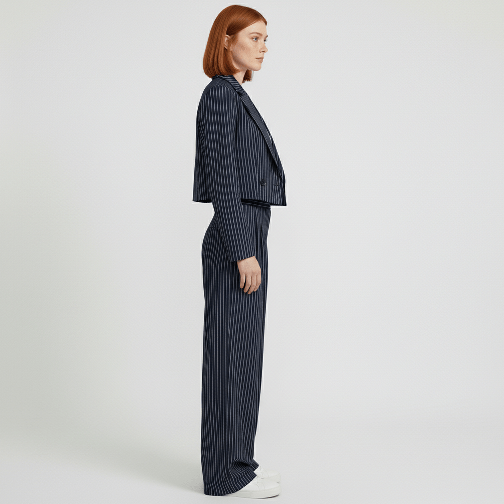 Callie Cropped Blazer and Wide Leg Pants Pinstripe Two-Piece Set