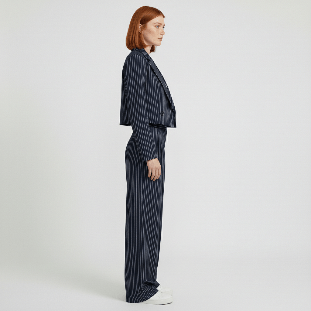 Callie Cropped Blazer and Wide Leg Pants Pinstripe Two-Piece Set