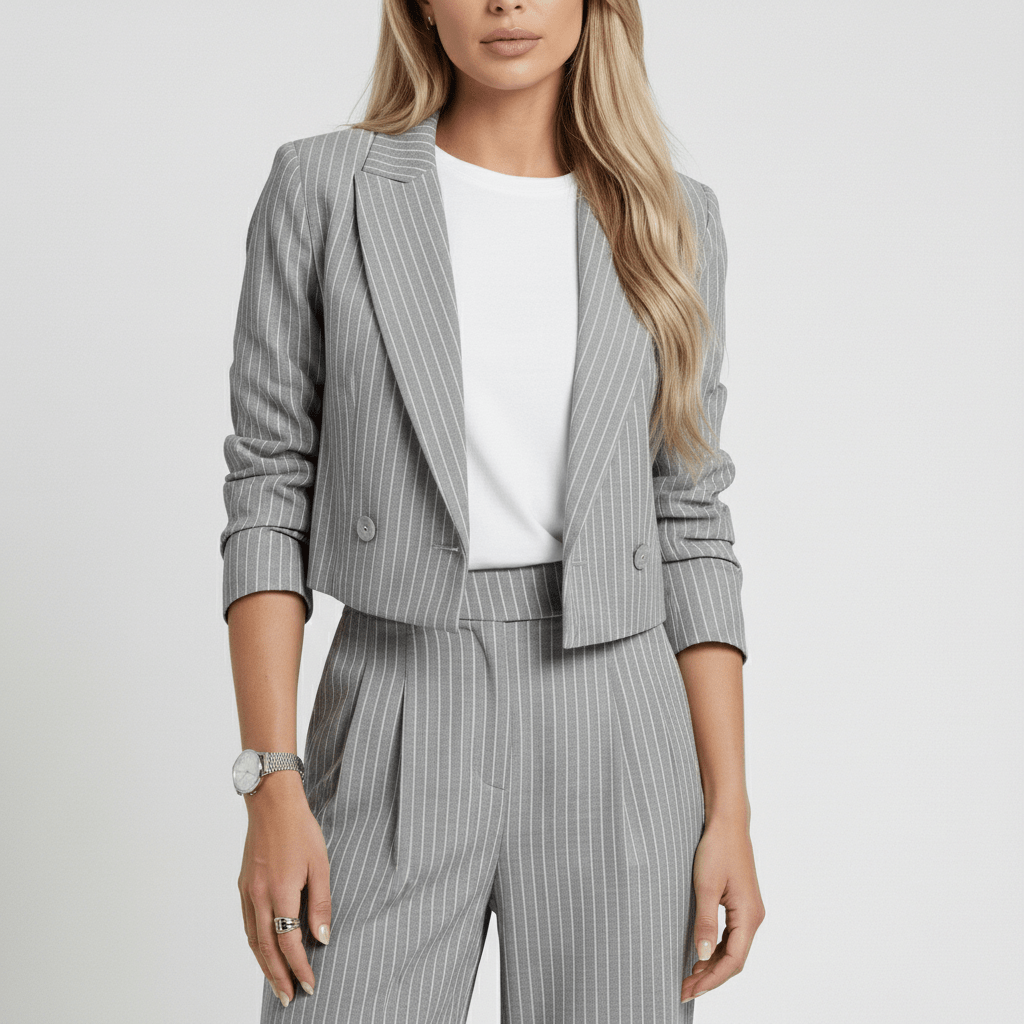 Callie Cropped Blazer and Wide Leg Pants Pinstripe Two-Piece Set