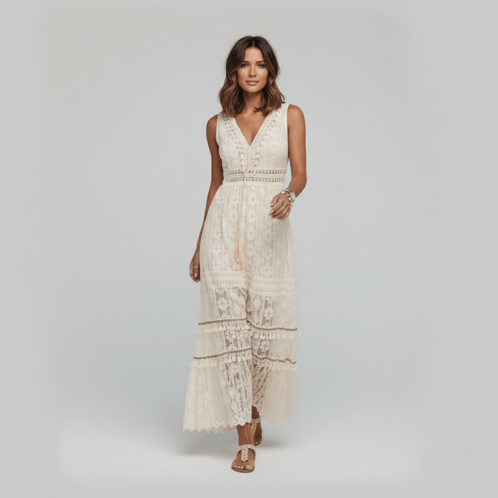 Cara Sleeveless Lace Maxi Dress with Tiered Skirt - Cream Beige