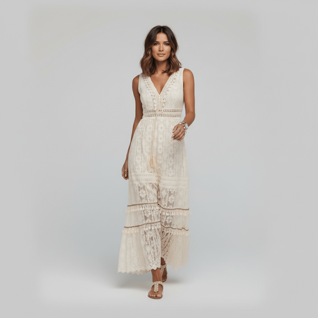 Cara Sleeveless Lace Maxi Dress with Tiered Skirt - Cream Beige