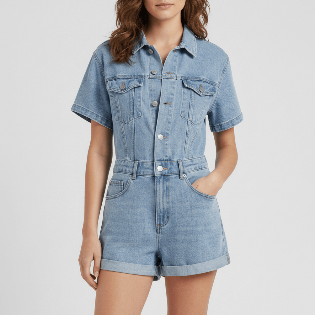 Carrie Short Sleeve Denim Romper with Button Front - Washed Blue
