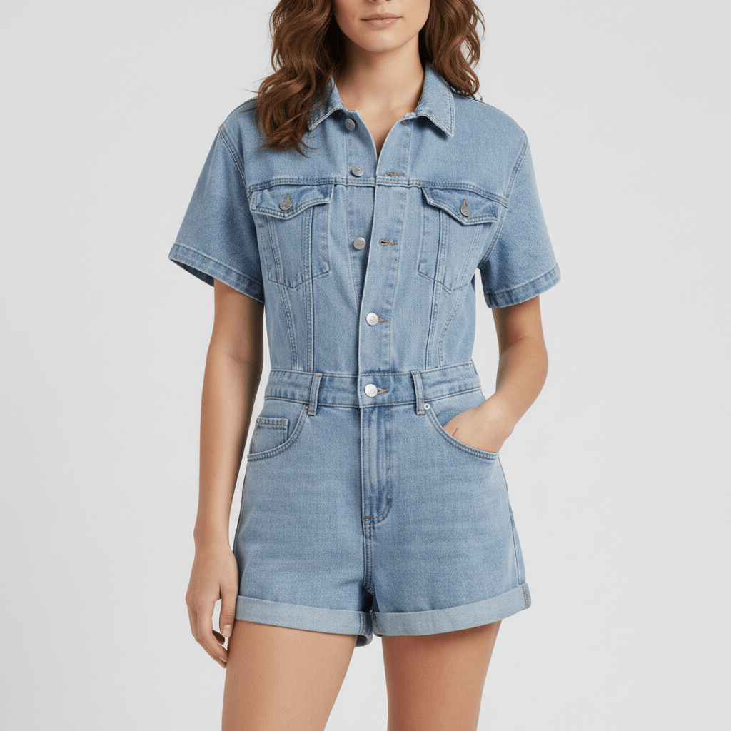 Carrie Short Sleeve Denim Romper with Button Front - Washed Blue
