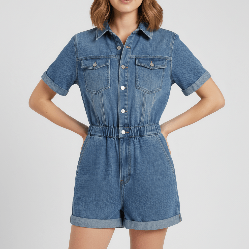 Carrie Short Sleeve Denim Romper with Button Front - Classic Blue