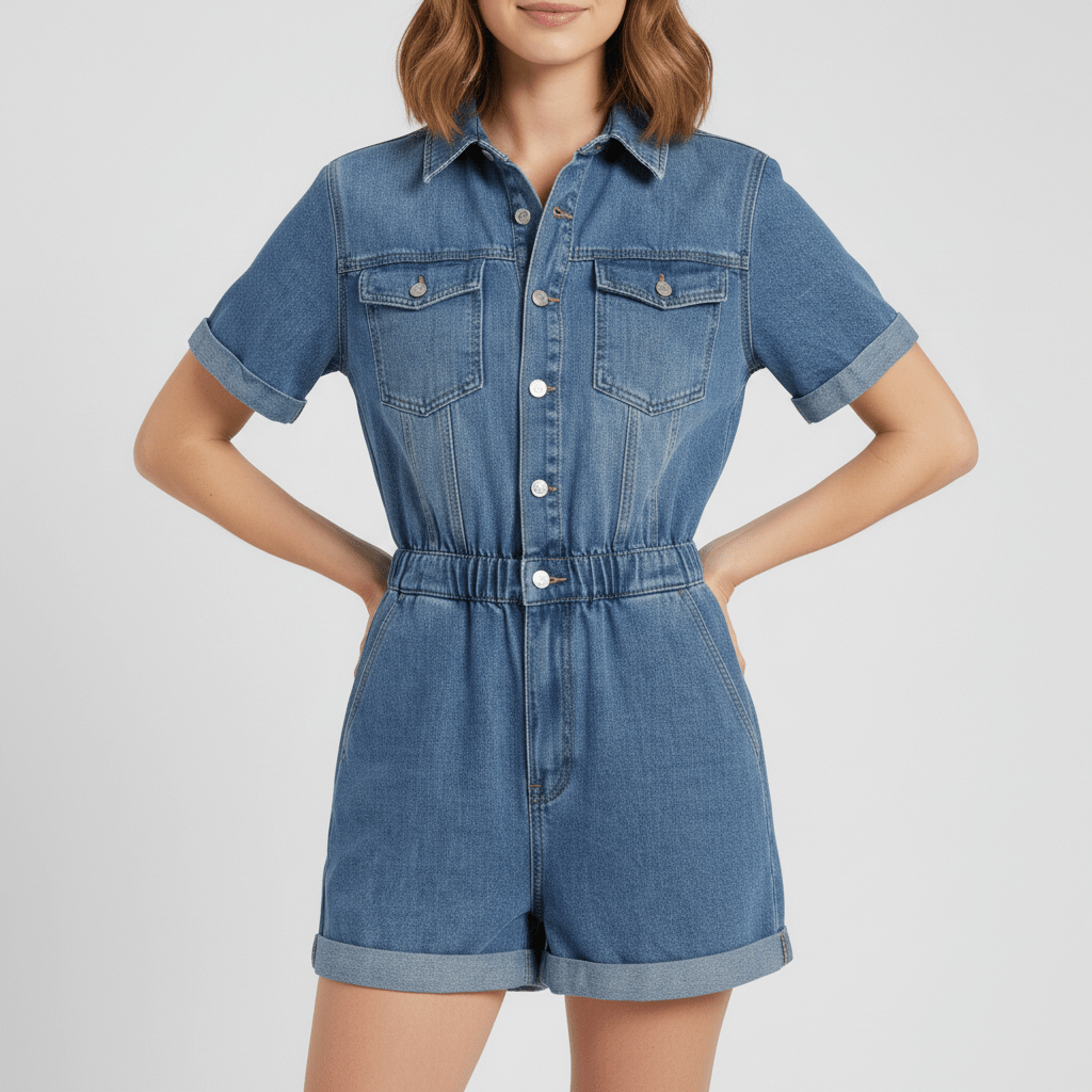 Carrie Short Sleeve Denim Romper with Button Front - Classic Blue