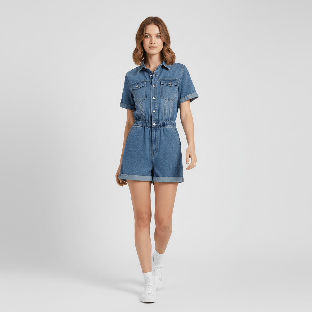 Carrie Short Sleeve Denim Romper with Button Front