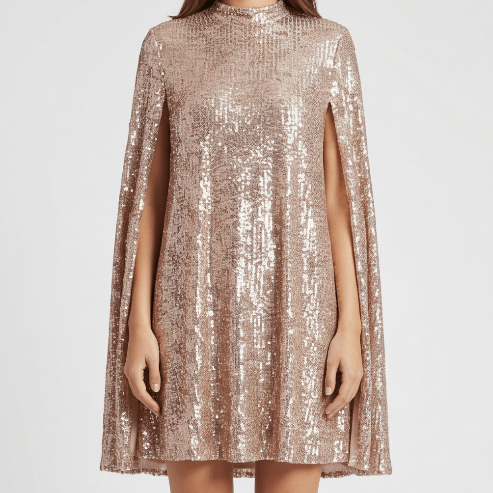 Chiara High Neck Sequin Cocktail Dress with Cape Sleeves - Rose Gold