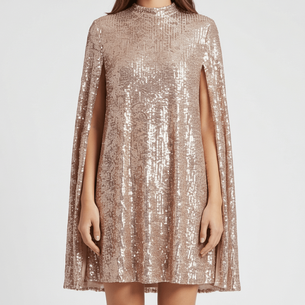 Chiara High Neck Sequin Cocktail Dress with Cape Sleeves - Rose Gold
