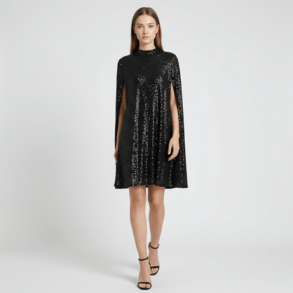 Chiara High Neck Sequin Cocktail Dress with Cape Sleeves