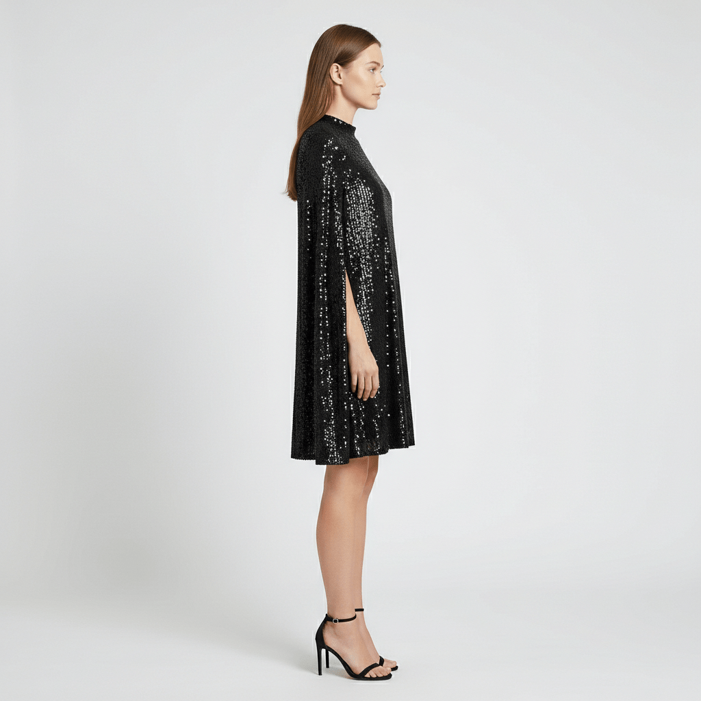 Chiara High Neck Sequin Cocktail Dress with Cape Sleeves