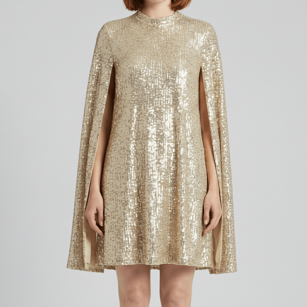 Chiara High Neck Sequin Cocktail Dress with Cape Sleeves - Classic Gold