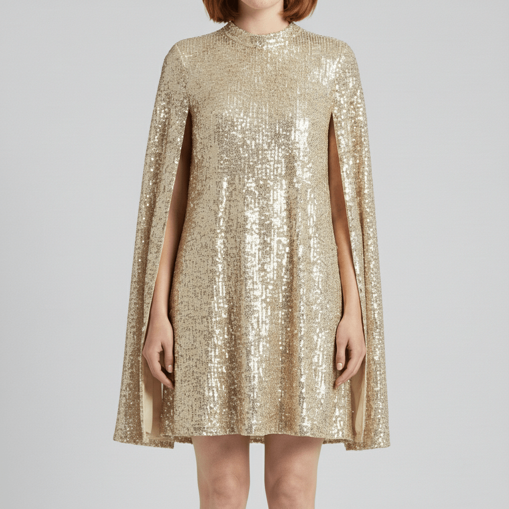 Chiara High Neck Sequin Cocktail Dress with Cape Sleeves - Classic Gold