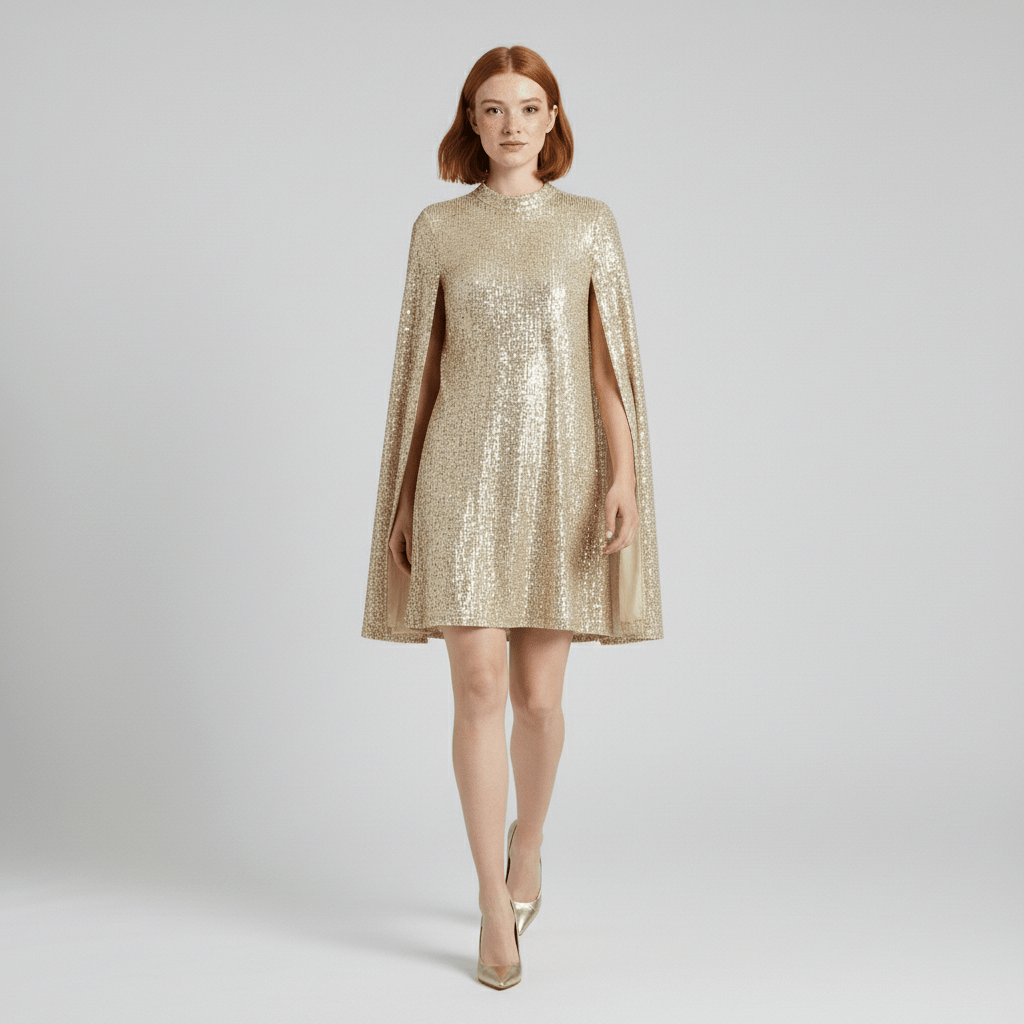 Chiara High Neck Sequin Cocktail Dress with Cape Sleeves