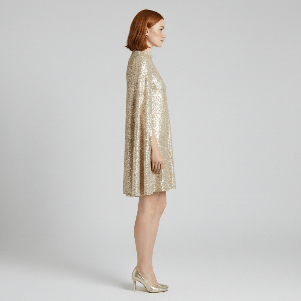 Chiara High Neck Sequin Cocktail Dress with Cape Sleeves