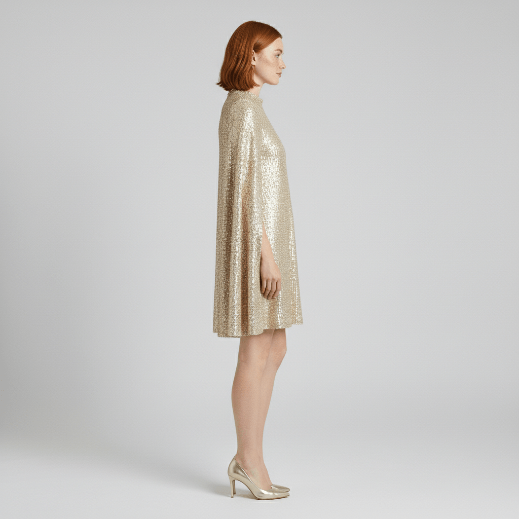 Chiara High Neck Sequin Cocktail Dress with Cape Sleeves