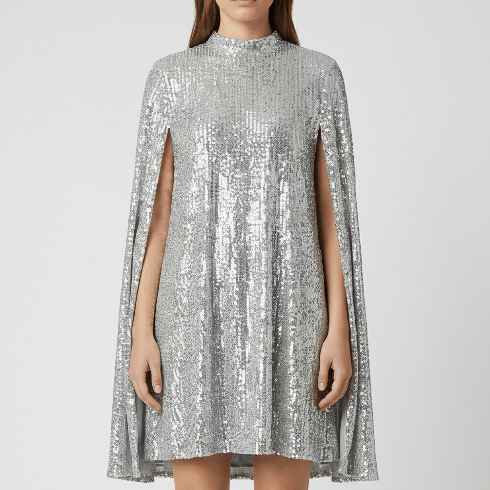 Chiara High Neck Sequin Cocktail Dress with Cape Sleeves - Sterling Silver