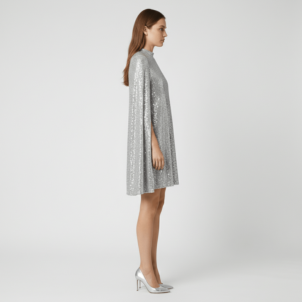 Chiara High Neck Sequin Cocktail Dress with Cape Sleeves