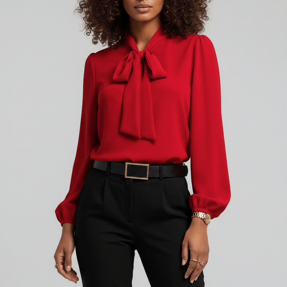 Christa Bow Tie Neck Long Sleeve Blouse with Tie Front - Scarlet Red