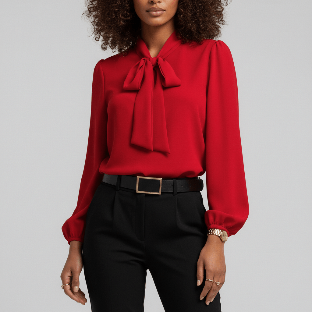 Christa Bow Tie Neck Long Sleeve Blouse with Tie Front - Scarlet Red
