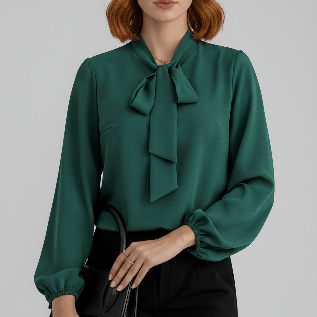 Christa Bow Tie Neck Long Sleeve Blouse with Tie Front - Forest Green